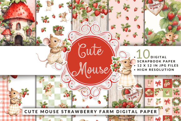 Download Cute Mouse Strawberry Farm Digital Paper - Digital Collection