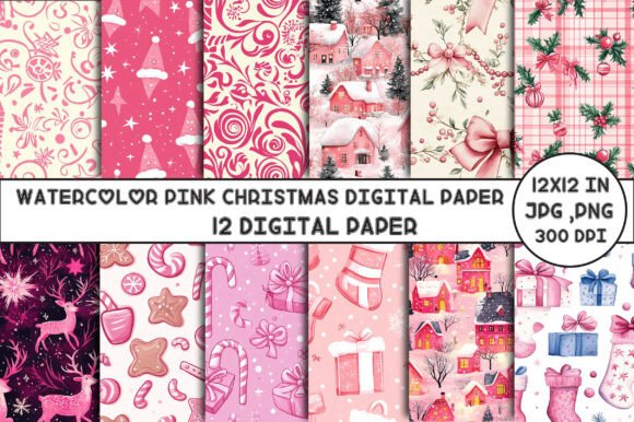 Download Watercolor Pink Christmas Digital Paper - Digital Collection